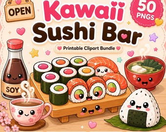 Sushi Bar Clipart Bundle, Kawaii Food PNGs, Digital Download