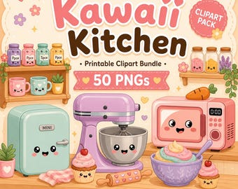 Kitchen Clipart Bundle, Kawaii Cooking PNGs, Pastel Download