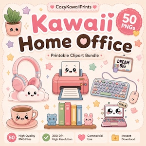 May include: A digital clipart bundle titled CozyKawaiiPrints Kawaii Home Office featuring 50 PNG files. The graphic displays cute office items with faces, including a pink printer, headphones on a cloud, a keyboard, a mouse, a laptop, books, and a coffee cup.