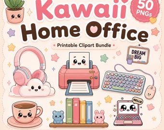 Home Office Clipart Bundle, Kawaii Workspace PNGs, Digital Download