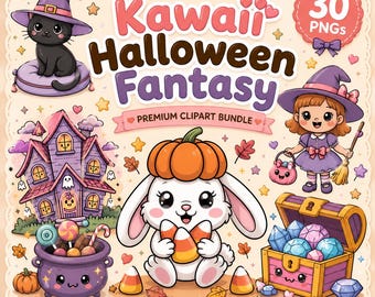Paquete de imágenes prediseñadas Kawaii de Halloween Fantasía, 30 PNG, Fantasma, Bruja, Calabaza, Uso comercial