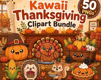 Kawaii Thanksgiving Clipart Set – Autumn Food PNGs, Planner & Stickers (Digital Download)