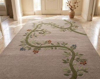Ivory Vine Blossom Hand Tufted Wool Carpet