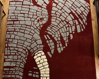 Hand Tufted Wool Rug Modern Abstract Mosaic Elephant Design Red Gray Area Carpet