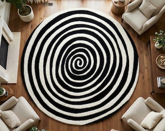 Modern Black and White Spiral Round Rug Hand Tufted Wool Living Room Decor