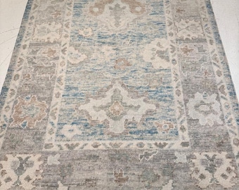 Hand-Knotted Wool Carpet – Muted Blue & Beige Vintage-Style Area Rug