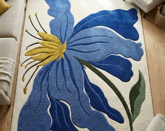 Modern Hand-Tufted Wool Area Rug with Oversized Blue Floral Design