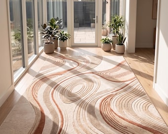 Hand-Tufted Wool Rug, Abstract Swirl Contour Pattern, Textured Rust Beige Cream Earth Tones