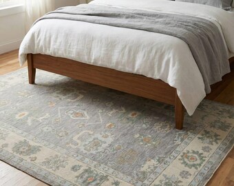 Hand-Knotted Wool Rug – Soft Blue & Beige Vintage Floral Area Rug