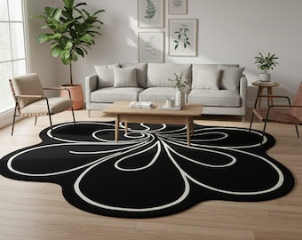Hand-Tufted Wool Rug: Black and White Flower, Irregular Modern Rug