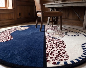 Handtufted Round Wool Area Rug Featuring Modern Navy and Cream Leopard Animal Print Design