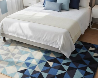 Handwoven Geometric Dari Rug – Blue & Grey Modern Flatweave Area Rug