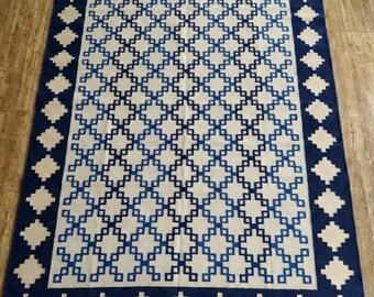 Handwoven Navy Blue Dhurrie Rug – Geometric Trellis Cotton Flatweave
