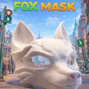 Puede incluir: Una máscara de zorro blanca impresa en 3D con aberturas para ojos y nariz. La máscara es el punto focal, con el texto "3D PRINT YOUR OWN FOX MASK" encima. El fondo muestra una escena urbana con edificios y cielo azul.