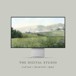 Fondo de pantalla de escritorio con paisaje de flores silvestres verdes, fondo floral vintage campestre (para ordenadores de sobremesa, portátiles y MacBook) Descarga digital