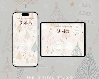 Minimal Christmas Wallpaper | Neutral Holiday Trees | iPhone & iPad Cozy Beige Christmas Background Digital Download