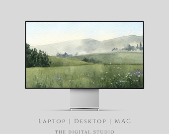 Green Wildflower Scenery Desktop Wallpaper,  Countryside Vintage Floral Background (Desktop, Laptop & MacBook) Digital Download