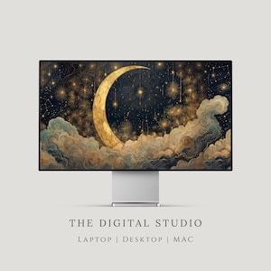 May include: A computer monitor displays a digital art print featuring a golden crescent moon, stars, and clouds against a dark blue background. The text "THE DIGITAL STUDIO" is below the monitor, with "LAPTOP | DESKTOP | MAC" underneath.