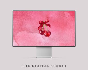 Vintage Cherry Coquette Desktop Wallpaper Abstract Gradient Bow Background (Computer, Laptop & Desktop) Digital Download