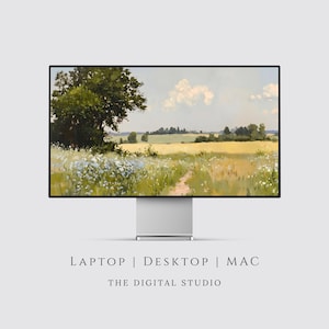 Green Wildflower Countryside Desktop Wallpaper, Vintage Cottagecore Floral Landscape Background Spring Aesthetic (Desktop, Laptop & MacBook)