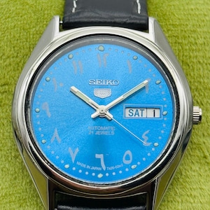 Vintage 1980&#39;s Seiko 5 Automatic Day-Date Japanese Men&#39;s Wrist Watch Ocean Blue Arabic Dial Ref 7S26, Handmade Leather Band