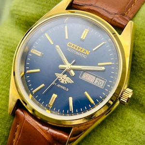Vintage 1990 Citizen Automatic Day-Date Japanese Men's Wrist Watch Blue Dial, Handmade Repainted Dial Ref 8200