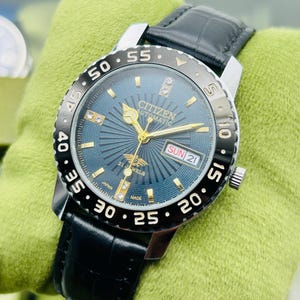 Vintage 1990 Citizen Automatic Day-Date Japanese Men's Wrist Watch Black Dial, Handmade Repainted Dial Ref 8200