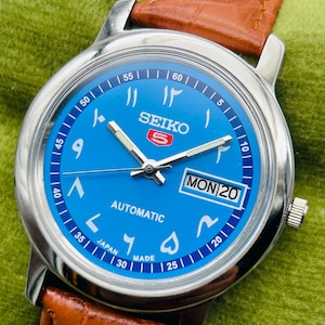 Vintage 1990 Seiko 5 Automatic Day-Date Japanese Men&#39;s Wrist Watch Blue Arabic Dial-Ref 6309, Handmade Leather Band
