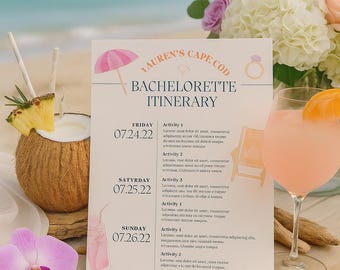 ピンクとオレンジのビーチでの独身パーティーの旅程テンプレート。独身パーティー、女子会、結婚式の週末に使える印刷可能なパーティースケジュールと週末プランナー。