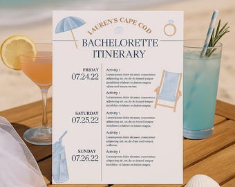ビーチでの独身パーティー旅行プランテンプレート（青） – 独身パーティー、女子会、結婚式などの週末に使える印刷可能なパーティースケジュールと週末プランナー
