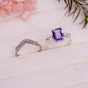 Amethyst Engagement Ring Set Sterling Silver | Purple CZ Bridal Ring Set | Chevron Wedding Band | February Birthstone Jewelry, Gift For Her