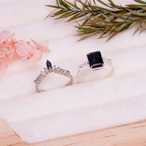 Blue Goldstone Ring Set, Sterling Silver Celestial Stacking Rings, Dainty Two Piece Bridal Set, Galaxy Sparkle Engagement Ring,Gift For Love