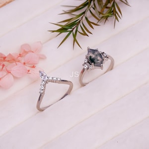Moss Agate Engagement Ring Set, Hexagon Cut Green Gemstone Ring, Sterling Silver Chevron Band, Nature-Inspired Bridal Set, Boho Wedding Ring