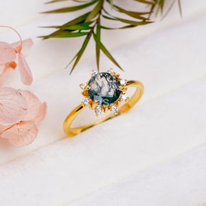 Nature Inspired Moss Agate Round Shape Silver Ring, Unique Moss Agate With Zircon, Moss Agate Engagement Ring, Handmade Moss Earthy Jewelry