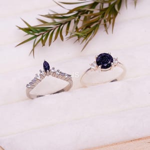 Blue Goldstone Engagement Ring Set | Round Cut Bridal Ring Set | Galaxy Promise Ring | Celestial Wedding Jewelry | Sterling Silver Gift