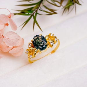 Natural Moss Agate Oval Silver Ring, Unique Moss Agate With Zircon, Moss Agate Engagement Ring, Handmade Moss Earthy Jewellery, Gift For Her