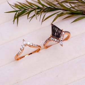 Black Rutilated Quartz Kite Cut Ring Set – Unique Engagement Ring Set in 925 Sterling Silver | Alternative Wedding Jewelry, Promise Ring