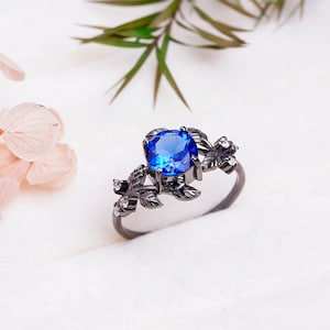 Sterling Silver Sapphire Ring | Deep Blue Sapphire Engagement Ring | Classic Solitaire Ring | Elegant Handmade Blacj Rhodium Silver Ring