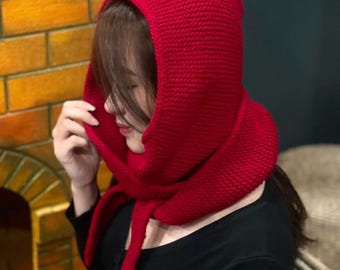 Sophie Knit Hood – Handmade Wool Hooded Scarf – Cozy Winter Wrap – Custom Color Bonnet Hat