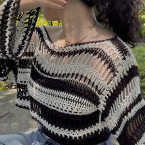 Crochet Mesh Summer Sweater – Handmade Cotton Boho Top – Custom Off Shoulder Beach Cover-Up