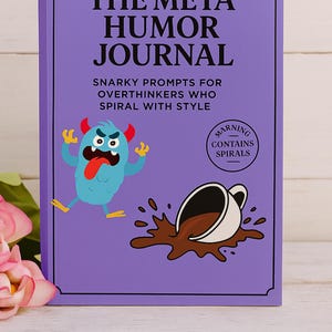 May include: A purple journal titled "THE META HUMOR JOURNAL" with the text "SNARKY PROMPTS FOR OVERTHINKERS WHO SPIRAL WITH STYLE." Features a cartoon monster and a spilled coffee cup. The journal has a warning label that says "CONTAINS SPIRALS."