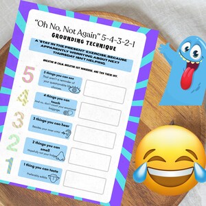 Op de afbeelding: Een kleurrijk werkblad voor een aardingstechniek, getiteld "Oh No, Not Again" met de 5-4-3-2-1 methode. Het bevat prompts voor de zintuigen, een blauw monster en een lachende emoji. De tekst moedigt mindfulness aan.