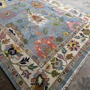 Turkish Oushak Hand Knotted Wool Area Rug Blue & Cream Floral Oushak Rug For Living Room Bedroom Hall Kitchen Rugs For Home 9x12, 10x14 Rug