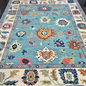 Turquoise Blue Hand knotted Oushak Rug | Large Vintage Turkish Area Carpet | Soft Wool Tribal Design | Oriental Boho Decor | Living Room Rug