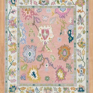 Pink Oushak Rug | Hand knotted Wool Turkish Area Rug | Pastel Floral Vintage Carpet | Home Decor | Soft Living Room Rug | Large Oriental Rug
