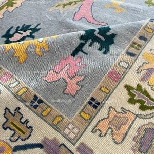 Hand knotted Oushak Rug | Large Turkish Wool Area Rug in Soft Pastel Tones,  Inspired Oriental Carpet | Light Blue, Pink & Yellow Boho Decor