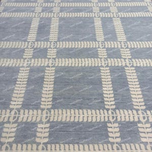 Handknotted Oushak Wool Rug: Blue Ivory Plaid, Farmhouse Decor