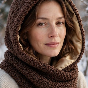 May include: A dark brown hooded scarf featuring a textured, chunky knit exterior and a smooth, solid tan satin lining. The hood is integrated into the scarf design, which wraps around the neck with a thick, looped construction and a soft finish.