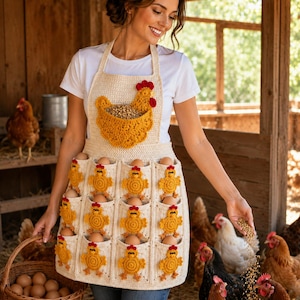 May include: A cream-coloured crochet apron featuring a large chicken-shaped pocket on the chest and twelve smaller square pockets along the bottom, each decorated with a yellow crocheted chick motif, designed to hold individual chicken eggs.