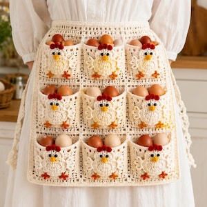 May include: A cream-coloured crochet apron featuring nine individual pockets, each decorated with a small white chicken motif. The chickens have red combs, yellow beaks, and black eyes. Each pocket contains a brown or white egg for storage.